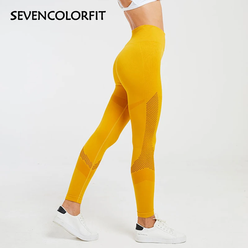 Sevencolorfit женские бесшовные легинсы с высокой талией, желтые, розовые, черные, сетчатые, открытые, сексуальные, для спортзала, спорта, фитнеса, колготки, длинные штаны