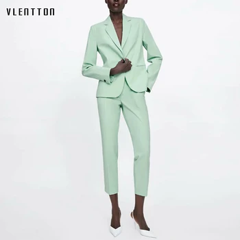 

2019 OL Green Two Piece Suit Set Women Spring Summer Single Button Blazer Jacket High Waist Women's Pant Suits Office 2 Piece