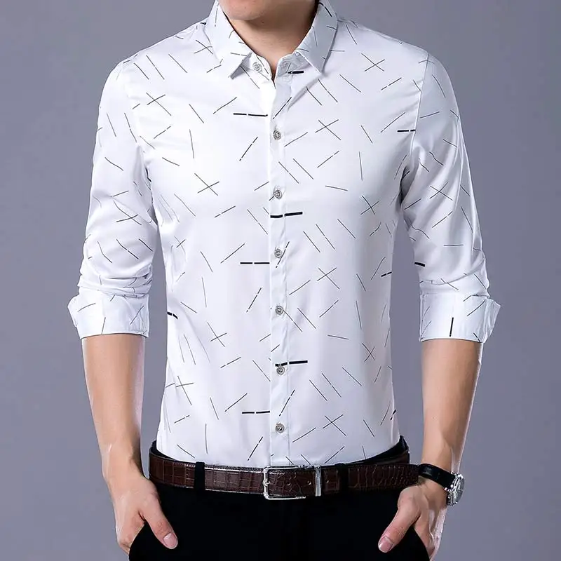 Белый social длинный рукав линия дизайнер рубашки для мужчин slim fit винтажные модные мужские рубашки мужские платья Джерси повседневная одежда 36814 - Цвет: Белый