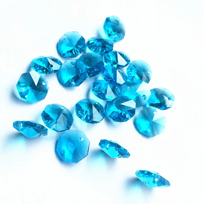 100 шт./партия Aqua 14 мм Восьмиугольные кристаллы в 2 отверстия для Хрустальная люстра аксессуары для украшения дома