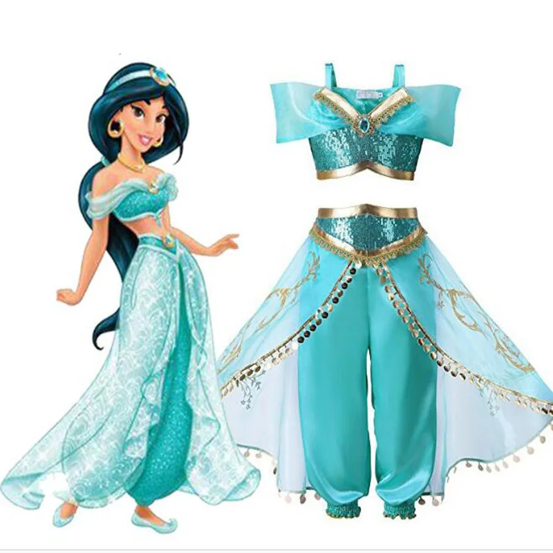 

MERI AMMI 2pcs Clothing Children Girl Outfit Set For Jasmine Princess Cosplay Halloween Dress Up