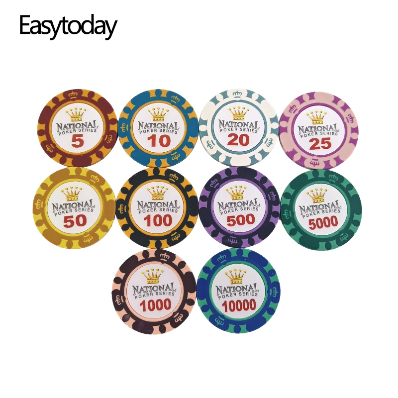 

Easytoday 25Pcs/set Professional 14g Clay Poker Chips Coins Baccarat Texas Hold'em 11 Face Values Standard Poker Chips Games