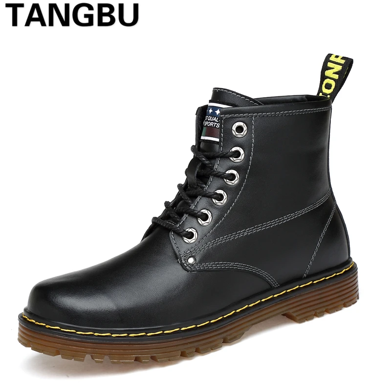 

2018 Genuine Leather Men Martin Boots Lace Up Warm Plush Casual Leather Boots Ankle Botas Fashion Men Snow Boots Plus Size 38-47