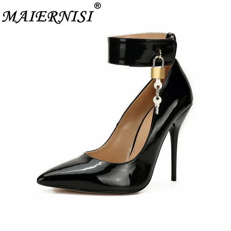 

Stiletto Fetish 12cm thin heels Red dress Ankle strap shoes Pantent Leather Pointed Toe Cosplay Lock And Key Padlocks pumps