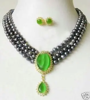 

3 Rows Black Pearl & Green Jade pendant Necklace 5.27