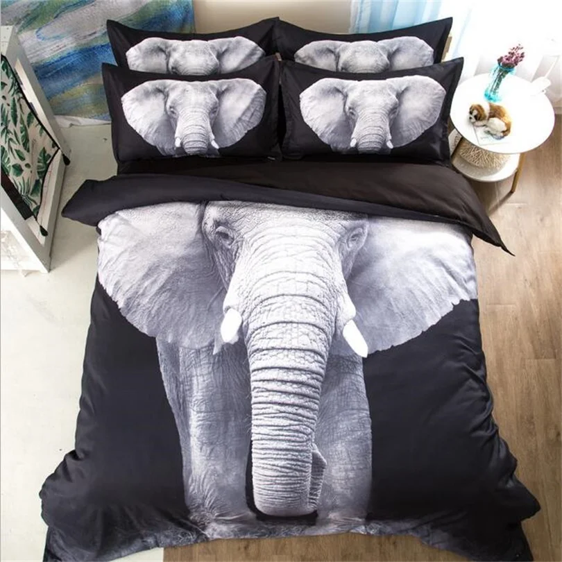 Black and White Animal Printed Elephant Bedding Set Twin Queen King
