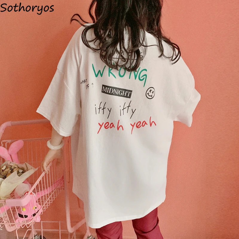 

T-shirts Women Letter Printed Loose Long Basic White Top Summer Tee Womens Korean Style Leisure Simple All-match Half Sleeve