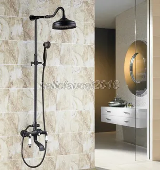 

Rain Shower Ceramic Handle Faucet Set Bathroom Tub Mixer Tap Wall Mounted Black Oil Rubbed Bronze 8 inch Shower Head lhg623