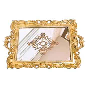 

Golden Europe Resin Mirror Plates Jewelry Earring Necklace Tray Ivory White Palace Carved Flowers Golden Mirror Storage Trays