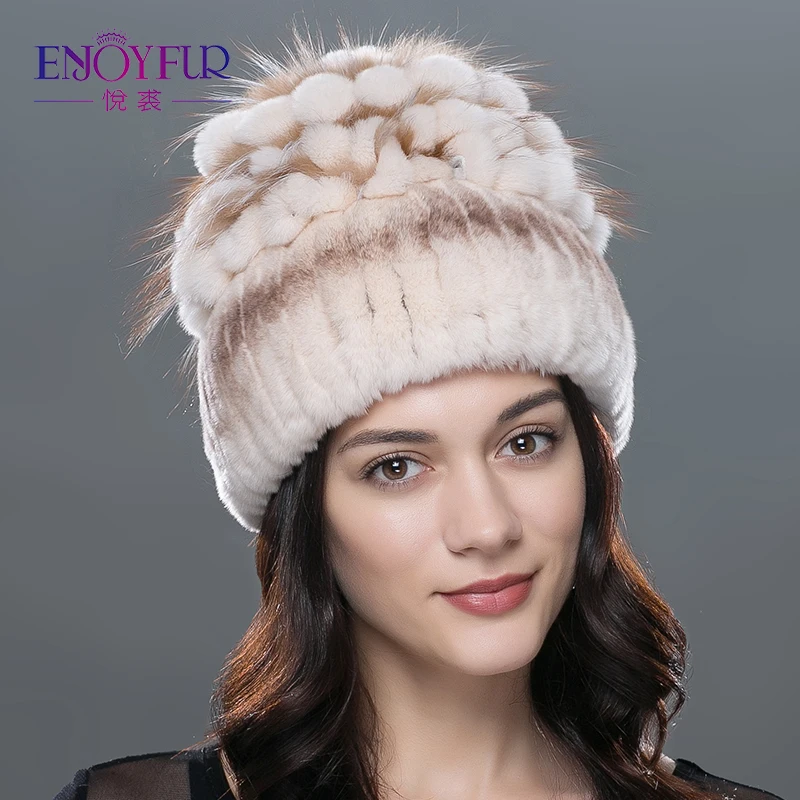 

ENJOYFUR Women fur hats for winter natural rex rabbit fox fur cap russian female fur hat fashion warm beanies