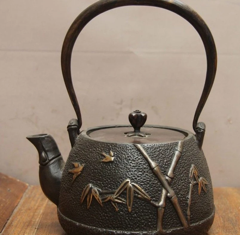 

8 Archaic Japan Iron Silver Gilt Bamboo Bird Portable Flagon Kettle Wine Tea Pot