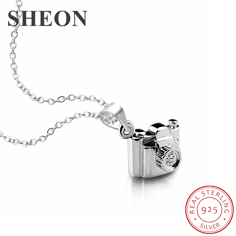

SHEON Authentic 925 Sterling Silver Creative Trendy Camera Pendant Necklaces With Cubic Zirconia Women Sterling Silver Jewelry