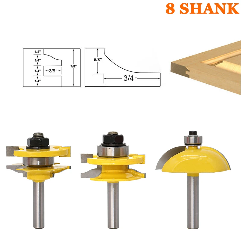 3pcs 8mm Shank Raised Panel Cabinet Door Router Bit Set 