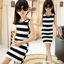 MERI AMMI/детская одежда в полоску для девочек; летняя длинная футболка без рукавов; платья в полоску с бантом для От 3 до 12 лет девочек