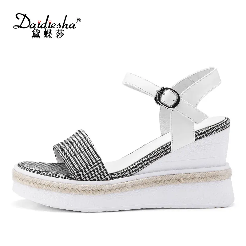 

Daidiesha women's Ankle Strap Wedges Cow leather cloth High Heels Sandals Platform Shoes Woman Casual Summer Sandals Size 34-42