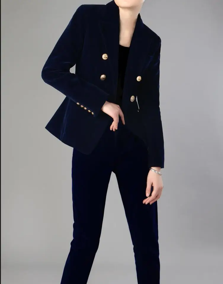

Navy Blue Velve Fashion Stylish Women's Formal Business Suits Women Custom Made Slim Fit 2 Pieces Office Lady Work Suits
