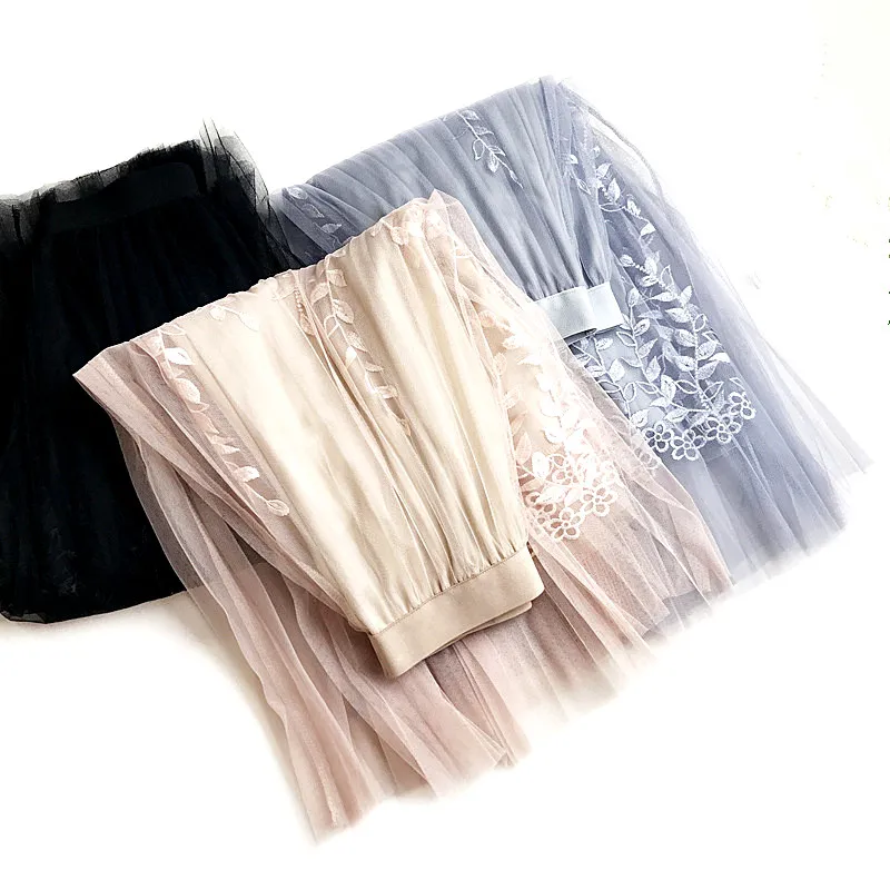 

2019 Women Vintage Knee-Length Faldas Mujer Casual See Through Floral Mesh Embroidery Skirt Elegant A Line Skirt