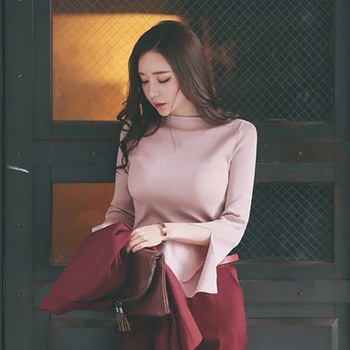 

Women Solid Pink Stretch Bodycon Elegant Knit T Shirts Femme Turtleneck Open Cuff Slim T Shirt Basic Fashion Top Knitwear Mujer