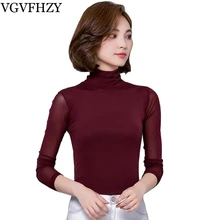 Новая весенняя Высококачественная рубашка с кружевным низом, Элегантная модная футболка с длинными рукавами и высоким воротником, Сексуальная кружевная футболка LY752