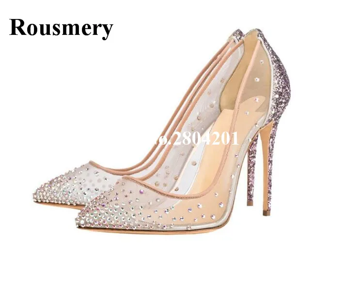 

Rousmery New 2018 Stylish Sweet Strip Shoes Women Cut Shallow Crystal Embellished High Heel Stiletto Wedding Dress Lady Pumps