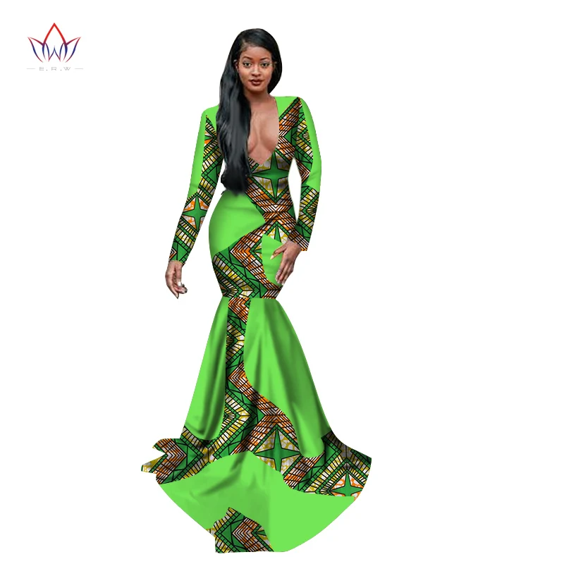 В африканском стиле с принтом длинное платье для Для женщин Bazin Rich изготовленный на заказ "Русалка", из кусков, v-образный вырез, платье с традиционным африканским Костюмы WY2760