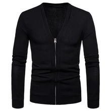 Мужской черный вязаный свитер с v-образным вырезом, кардиган для мужчин, Осень-зима, свитер на молнии, мужские однотонные повседневные кардиганы, Мужской пуловер
