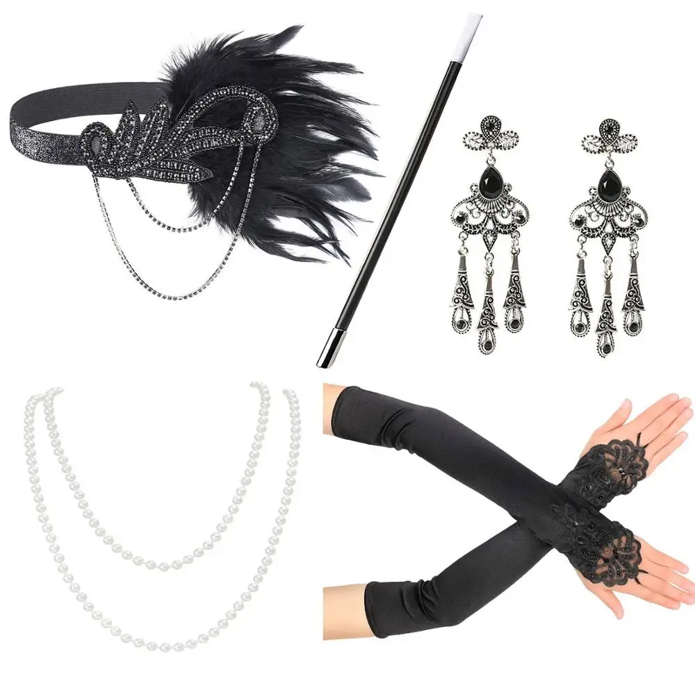 1920s Great Gatsby Accessories Set for Women,Costume Flapper Headpiece Headband