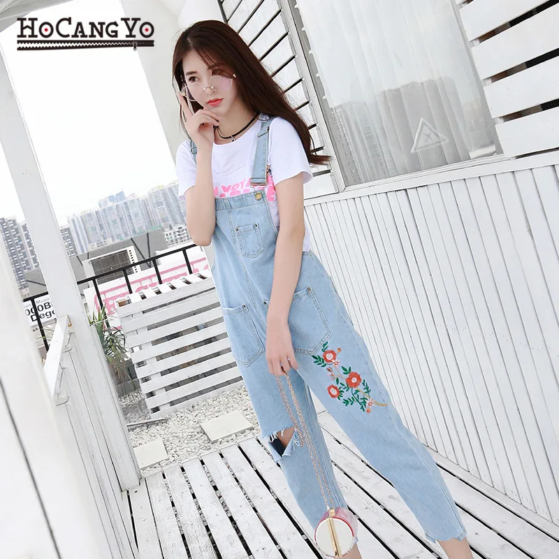 Hole Ripped Embroidery Denim Rompers Overalls Women Summer Jumpsuits for 2019 Cotton Loose Straps Jeans Jumpsuit | Женская одежда
