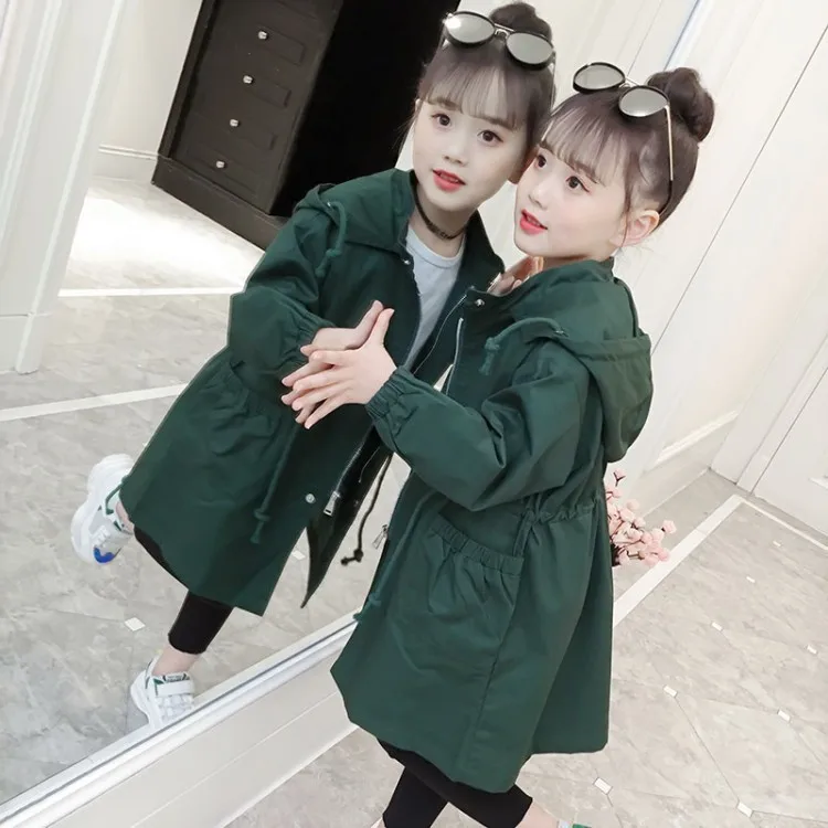 

2020 Girls Waist Hooded Long Windbreaker Coat