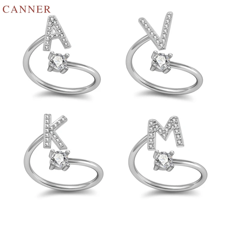 

CANNER Zircon A-Z Letter Rings for Women Girls CZ Crystal Name Initial Ring Open Adjustable Ring Men Silver Jewelry anillos C40