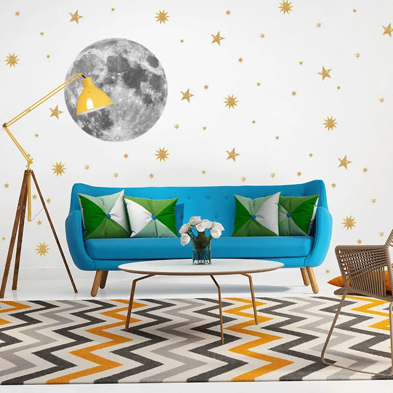 Луна и золотые звезды настенные Стикеры для детской комнаты спальня фон декоративные обои Фреска Искусство наклейки s