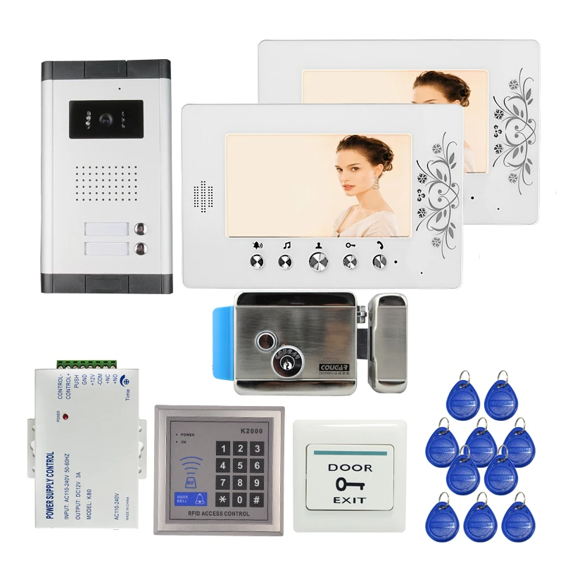 

Apartment 7" Video Intercom Door Phone RFID Kit + 2 Screen + 1 Outdoor Camera for 2 Family + Electric control Lock FREE SHIPPING