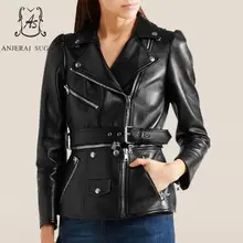 Весенняя Новинка, Женская куртка из натуральной овчины, сексуальная тонкая мотоциклетная Черная куртка с отложным воротником на молнии, женские куртки