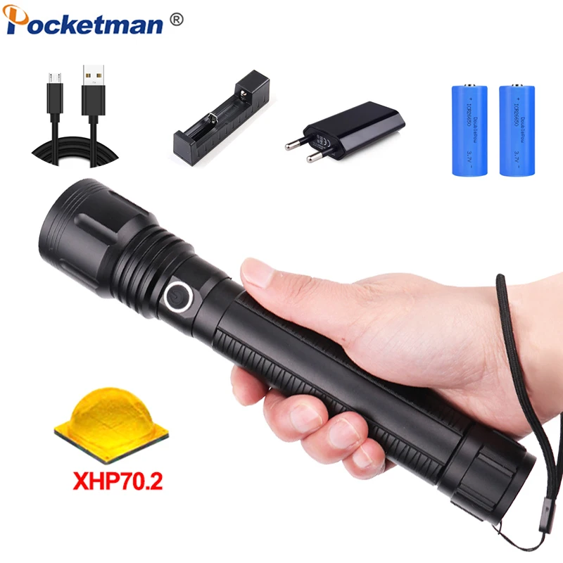 

50000LM LED Flashlight X-Lamp XHP70.2 Flashlight LED Zoomable Torch with 5 Modes XHP70 XHP50 LED Flashlight 18650/26650 Battery