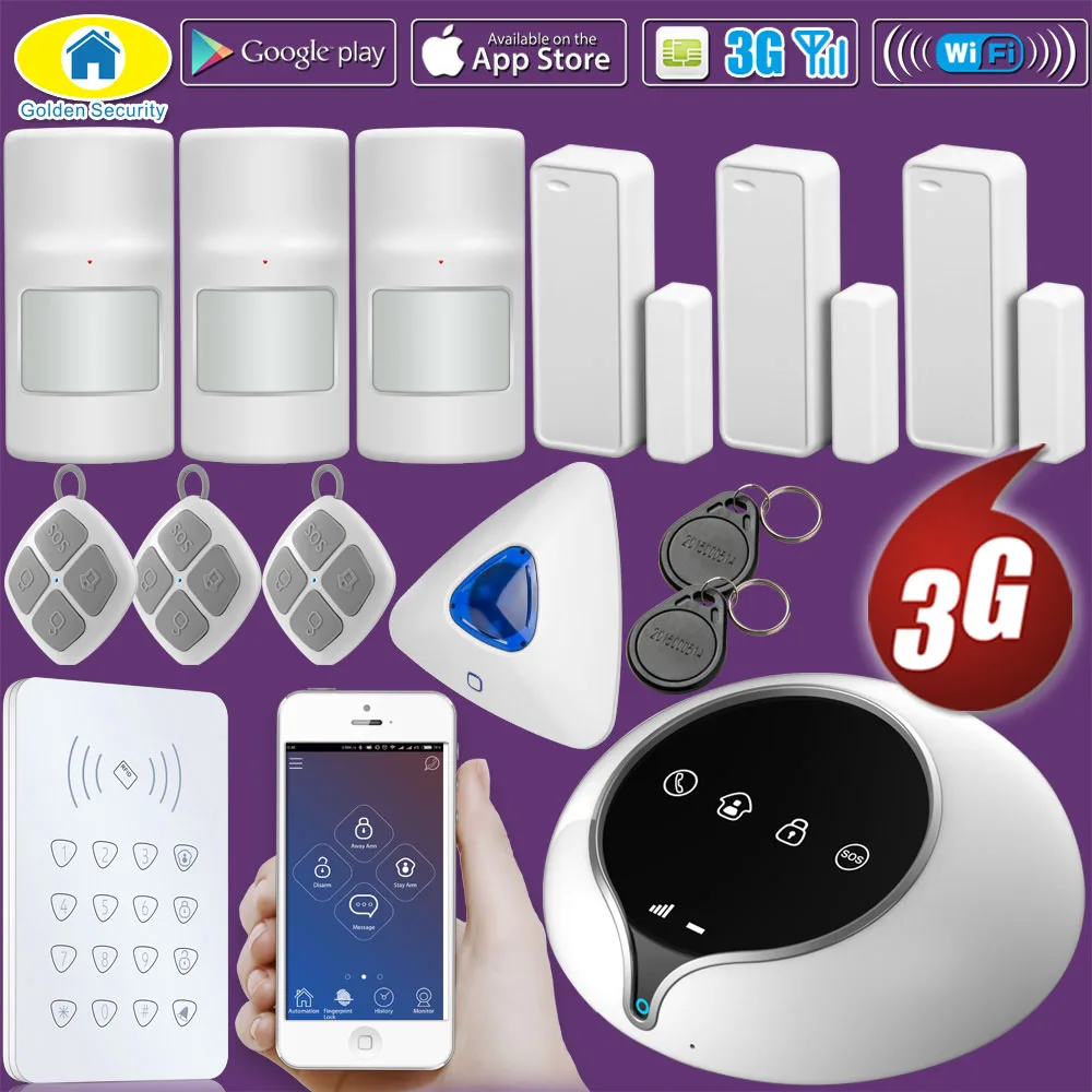 Золотая охранная система 3g WCDMA GSM wifi домашняя сигнализация беспроводная безопасность ПЭТ защищенный PIR датчик двери окна приложение-будильник управление - Цвет: KIT3
