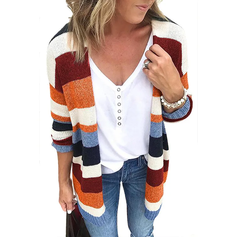Colour Rainbow Striped Knitted Cardigan Women For Autumn Winter Long Sleeve Long Cardigan Women Tops Designer Sweater