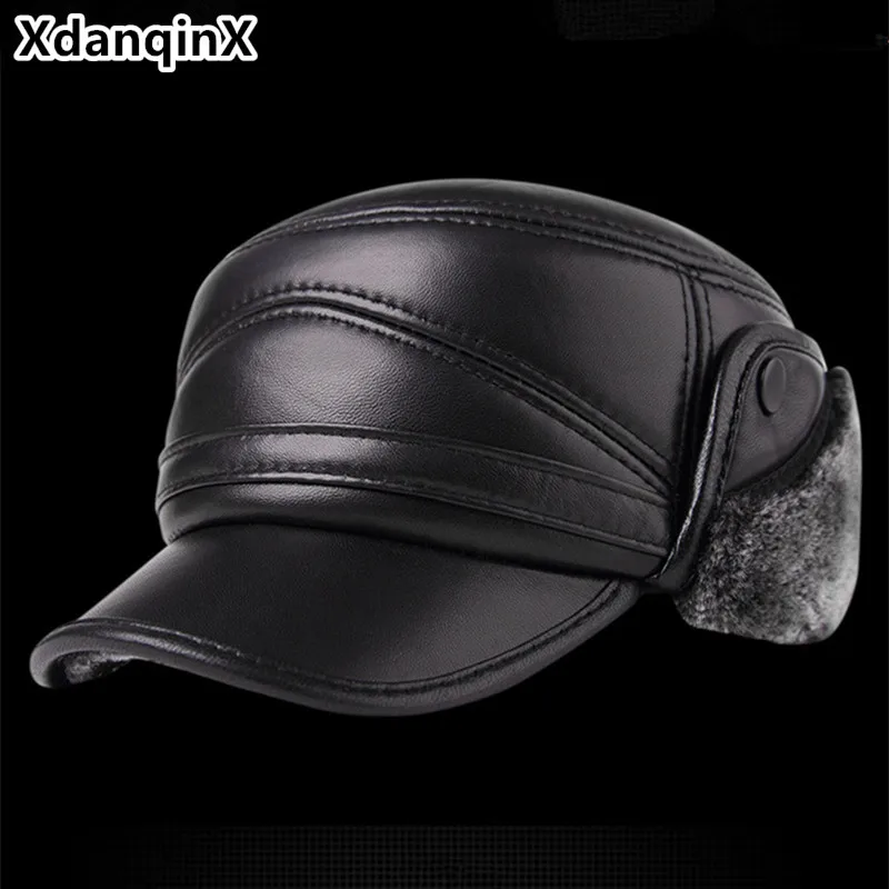 Billig XdanqinX Echtem Leder Hut Winter Männer Dicke Warme Baseball Kappe Mit Ohrenschützer Schaffell Plus Samt Hüte Für Männer Männlich knochen Kappe