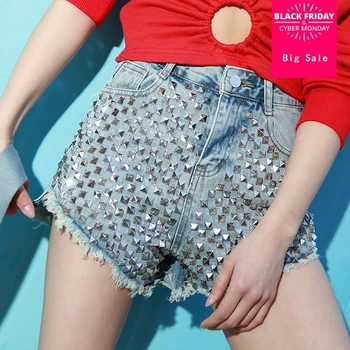

Europe and the United States colorful paint-dye cotton shorts tassel rainbow punk rivets hot shorts Harajuku denim shorts wj2338