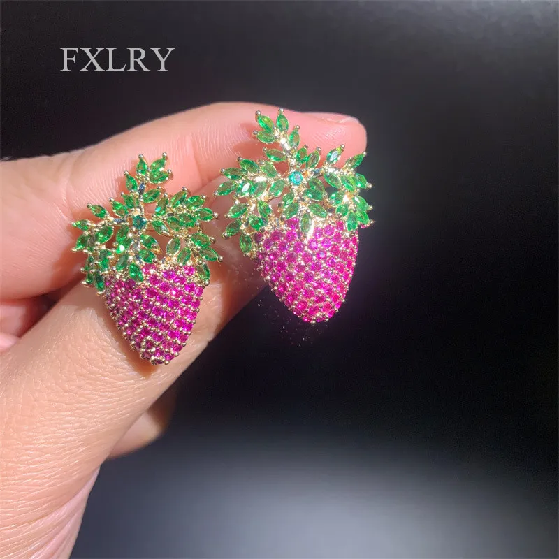 

FXLRY New Design Romantic cubic zirconia strawberry stud earrings sweety lady Earrings Women Party Jewelry