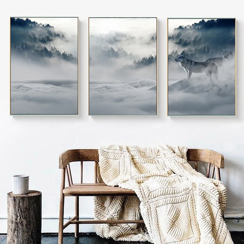 Foggy Mountain Wolf Art Canvas Poster Nordic Forest Landscape Wall Painting Print Decoration Picture Scandinavian Home Decor