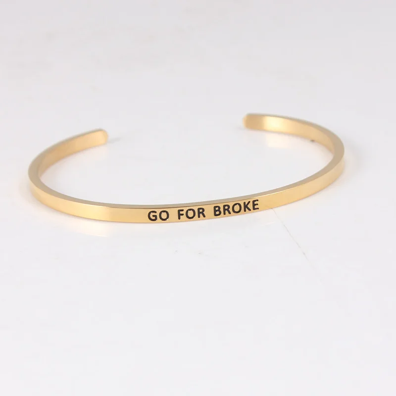 

201 Stainless Steel Open Cuff Bracelets Bangles Gold GO FOR BROKE Inspirational Mantra Bracelets For Women