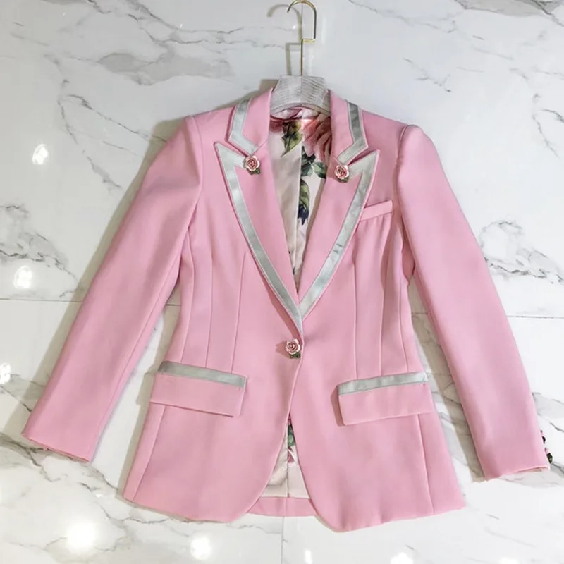 Осень-зима Мода 2018 взлетно-посадочной полосы дизайнер куртка Для женщин с длинным рукавом Цветочные подкладка Роза кнопки розовый Внешний