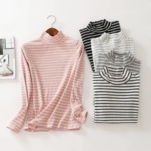 Для женщин S Топ хлопок с длинным рукавом Turleneck футболка универсальная в полоску Паттен bts