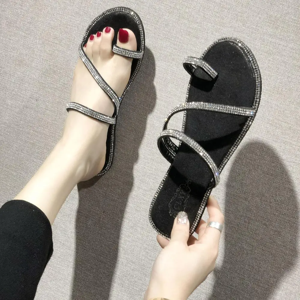 

Clip toe slippers crystal summer shoes woman flats narrow band slides brief casual anti-skid beach flipflops femme zapatos mujer