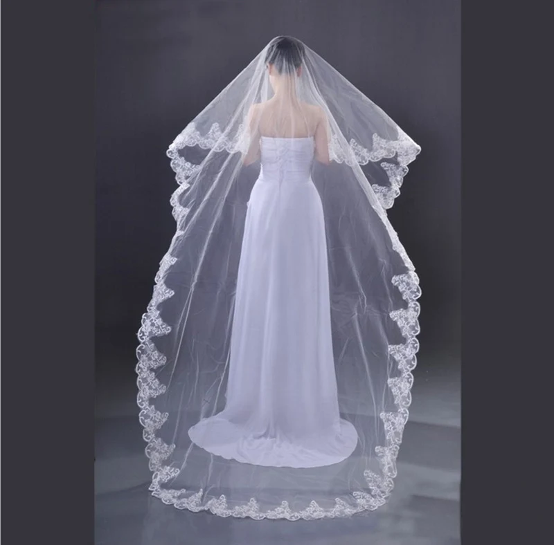 2017 New Styles Bridal Veils with Lace Applique 1 Layer White/Ivory Wedding Dress Veil Long 3m 