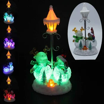 

Christmas Decor Collectible Figurines Scene With 7 Colors LED Light Snowmen Deer Street Lamp Battery Operated Holiday Gifts Toys