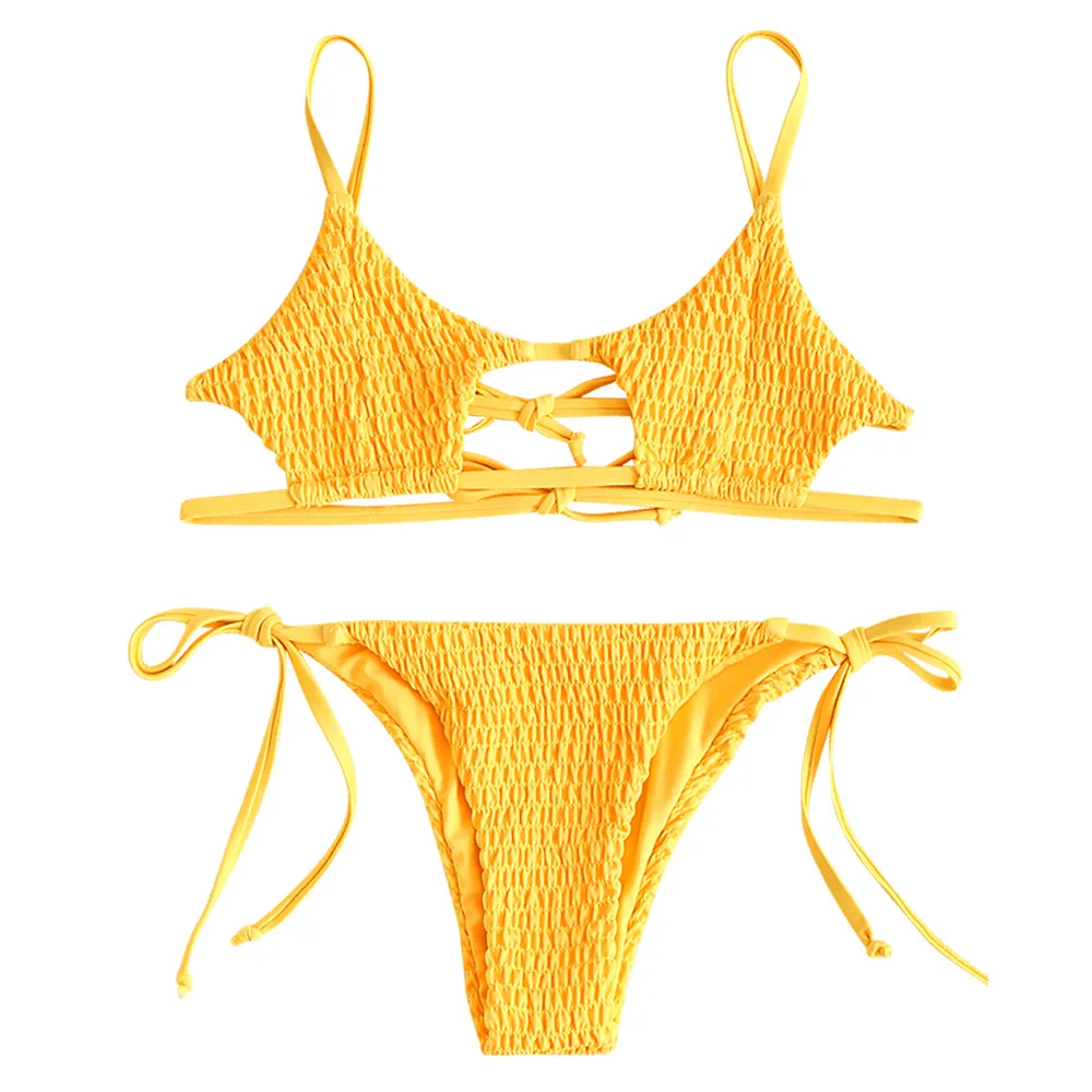 Женский присборенный Ленточные бикини купальник женский Bralette купальник с низкой посадкой на тонких бретельках рубашка галстук сбоку Biquni купальный костюм - Цвет: as the picture