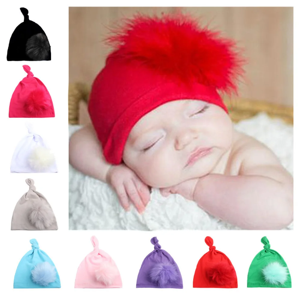 Baby Soft Cotten Warm Hats Solid Color With Big Decor Ball Hat Elastic