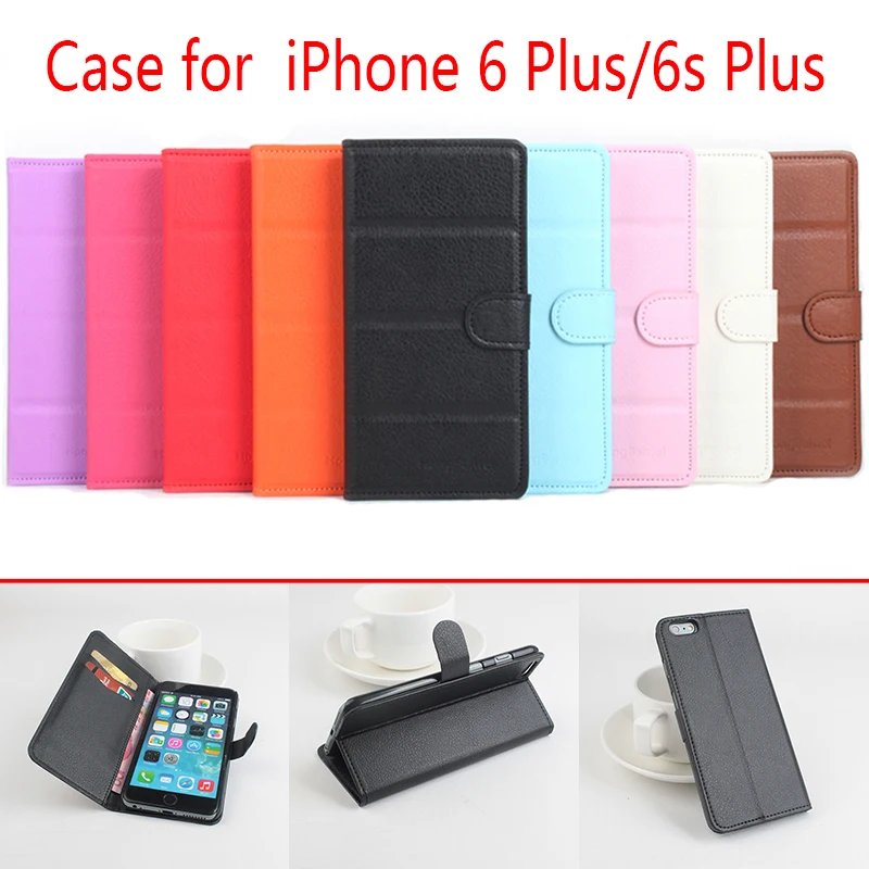 

For iPhone 6 Plus Phone Case Folio Flip Pure Color Lichee Pattern PU Leather Wallet Case Cover Cash/Card Slots sh