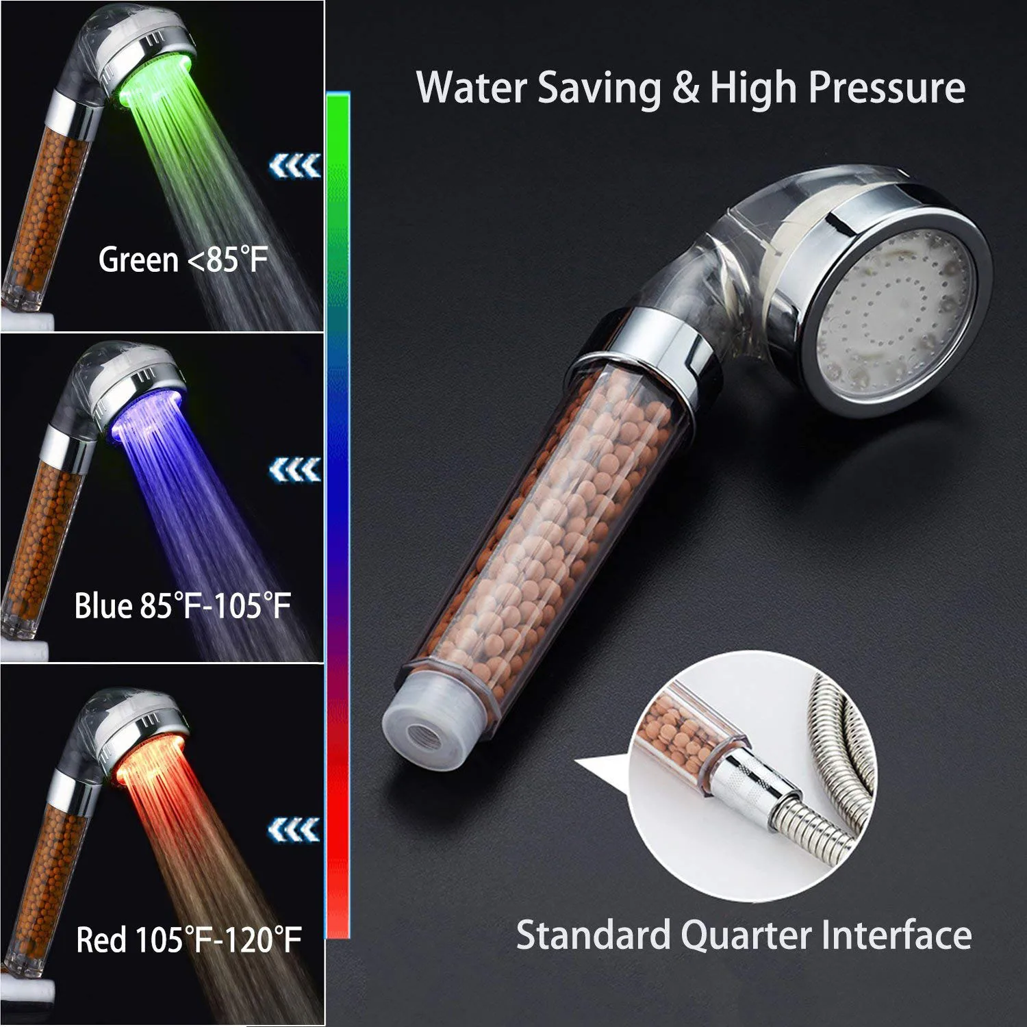 Cheen 3 Colors Water Powered Led Temperature Shower Head Filtered